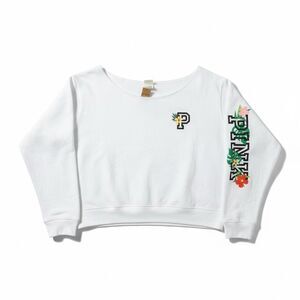 VS PINK White Cropped Sweatshirt Tropical Floral Logo XL New with Tags